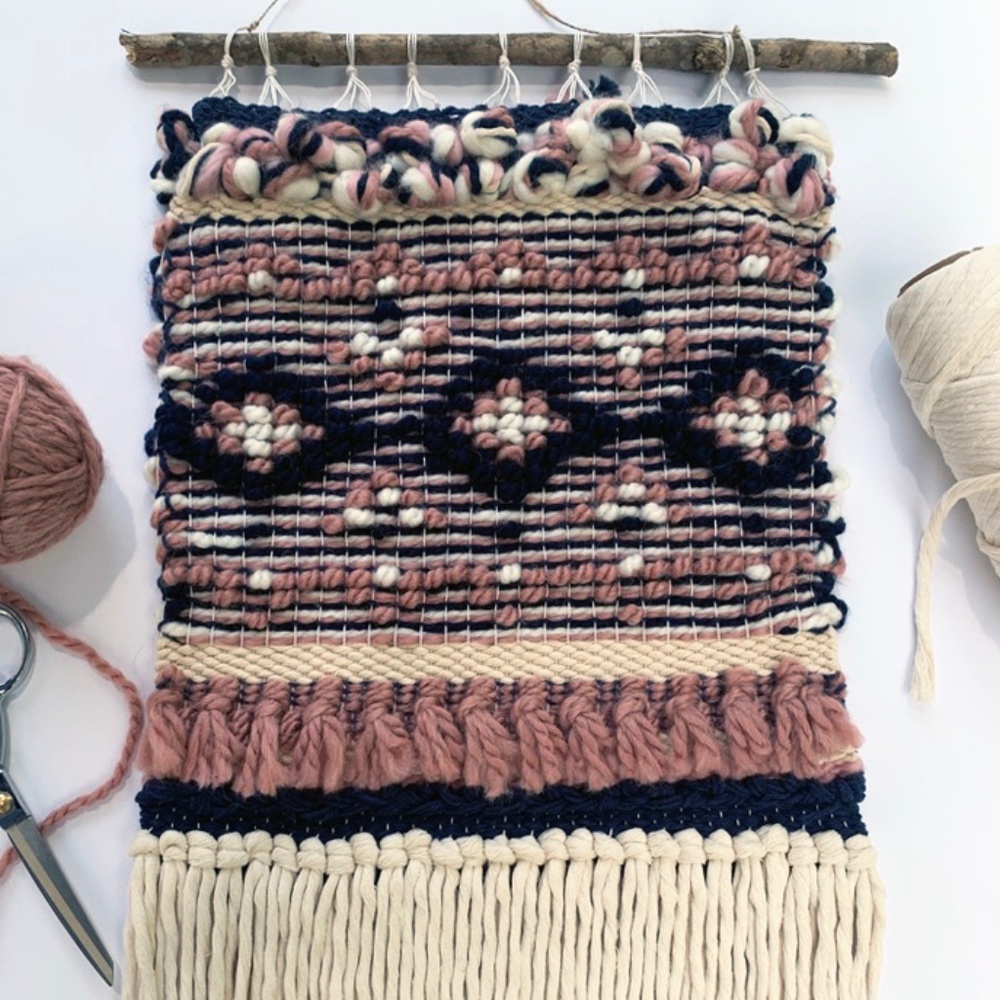 Pink and Navy Woven Wall Hanging Mauve Bohemian Pibione Wall Decor Tapestry
